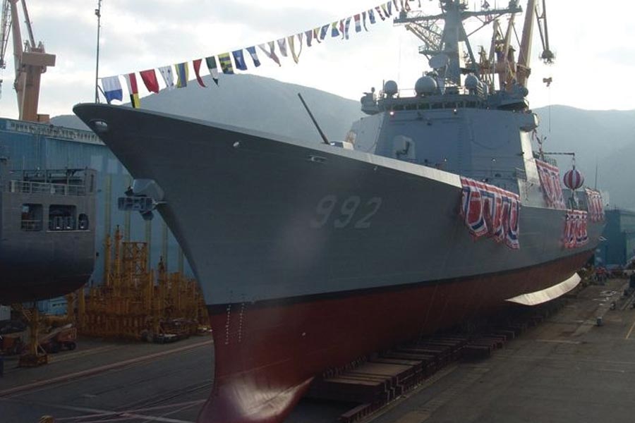 Kim Jong un North Korean Supreme Leader reveals largest ever warship armed with vertical launch nuclear missile system 