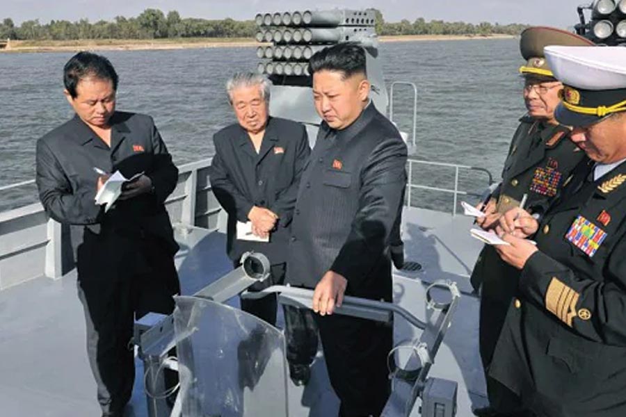 Kim Jong un North Korean Supreme Leader reveals largest ever warship armed with vertical launch nuclear missile system 