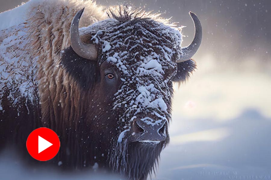 Video of a bison searching for food amid snow storm at Yellowstone National Park in USA