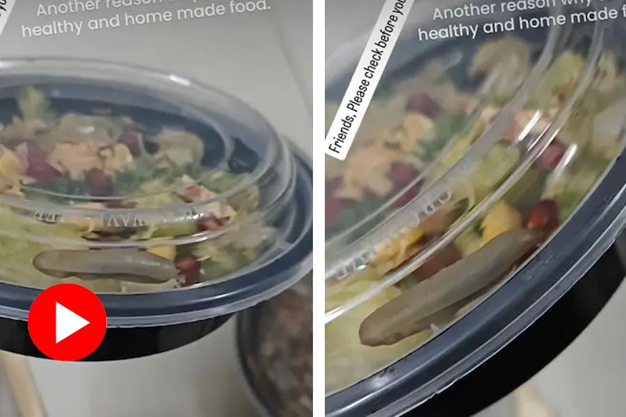 The video shows a Bengaluru man pointing to the worm crawling inside a salad bowl