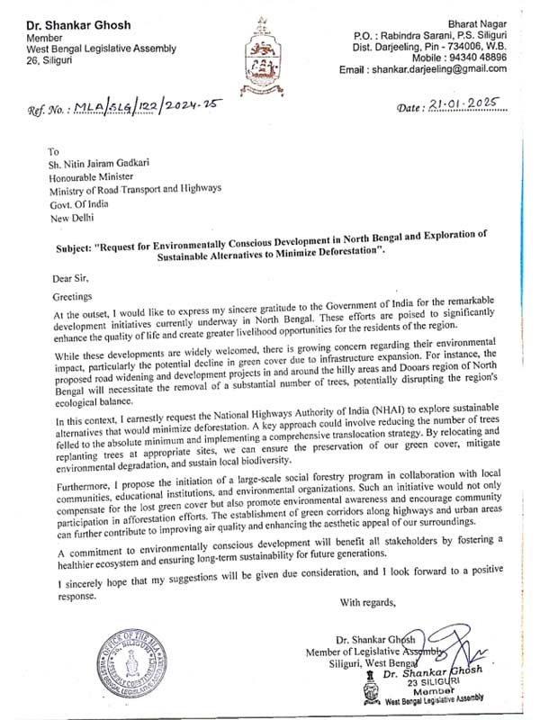 BJP MLA’s anxious letter to Gadkari on infrastructure overhaul in Chicken’s Neck, Urge to maintain ecological balance