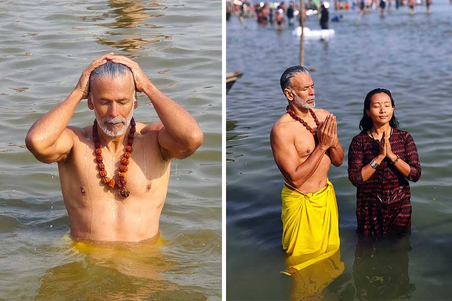 Milind Soman and his wife Ankita took a holy dip at Triveni Sagam in Maha Kumbha 2025