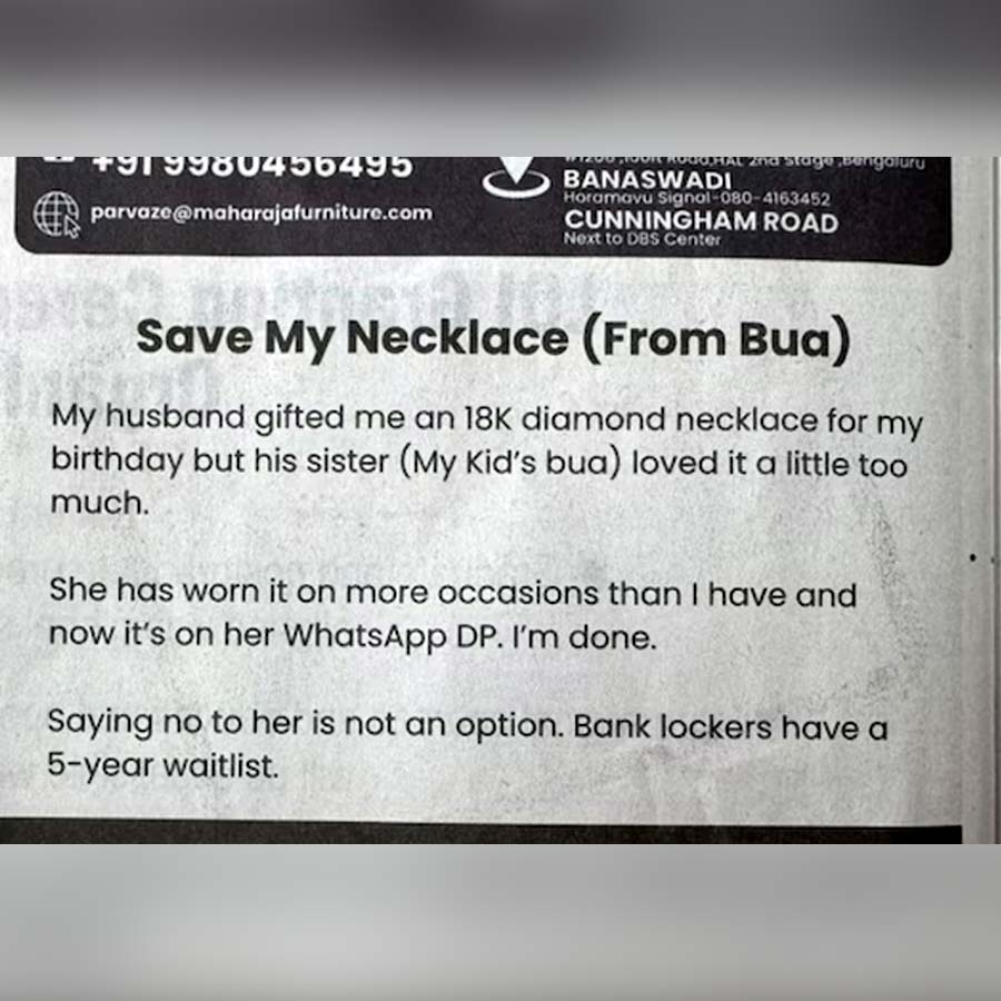 Woman gave newspaper ad wants to save her diamond necklace from her sister-in-law dgtl