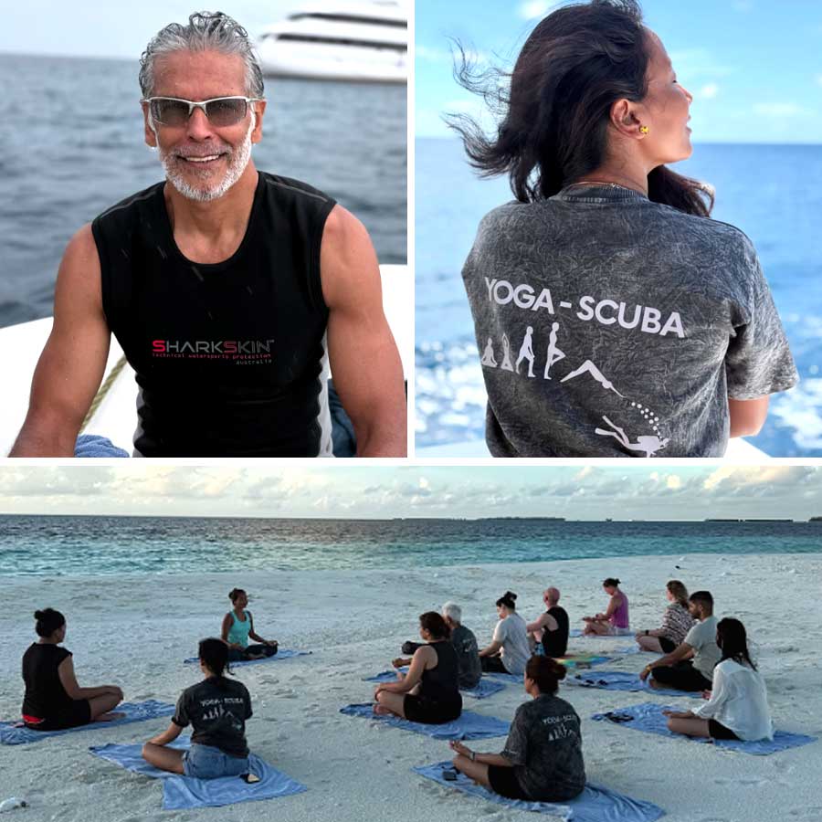 মিলিন্দ সোমন ও অঙ্কিতা কানওয়ারের যোগাভ্যাস।