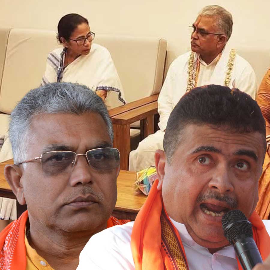 BJP leaders and workers protest around Dilip Ghosh at Kolaghat dgtld
