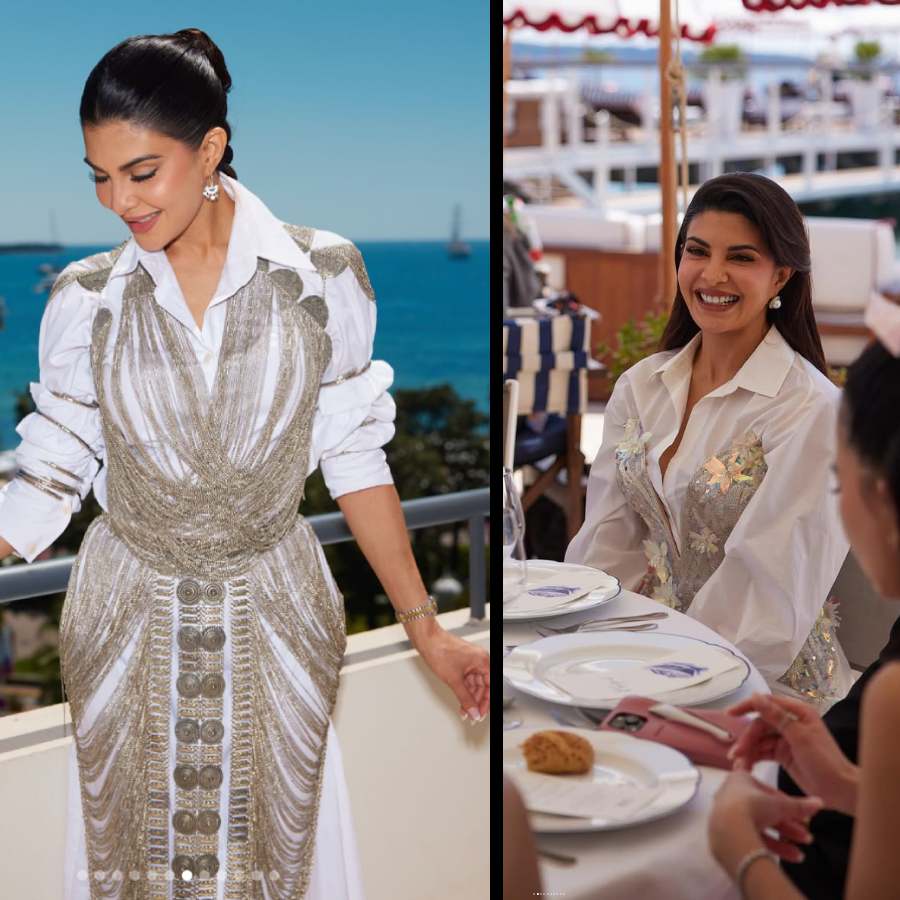 কান চলচ্চিত্রোৎসবে জ্যাকলিন ফার্নান্দেজ়ের দু’রকম সাজ। 