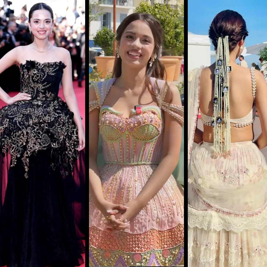 প্রথম কানের রেড কার্পেটে হাঁটলেন ‘লাপাতা লেডিজ়’ অভিনেত্রী (বাঁ দিকে)। কানের দ্বিতীয় দিনে  চুলের সাজে বলিউড অভিনেত্রীদের শ্রদ্ধার্ঘ্য নীতাংশীর (ডান দিকে)। মাঝে নীতাংশীর প্রজাপতি পোশাক।  