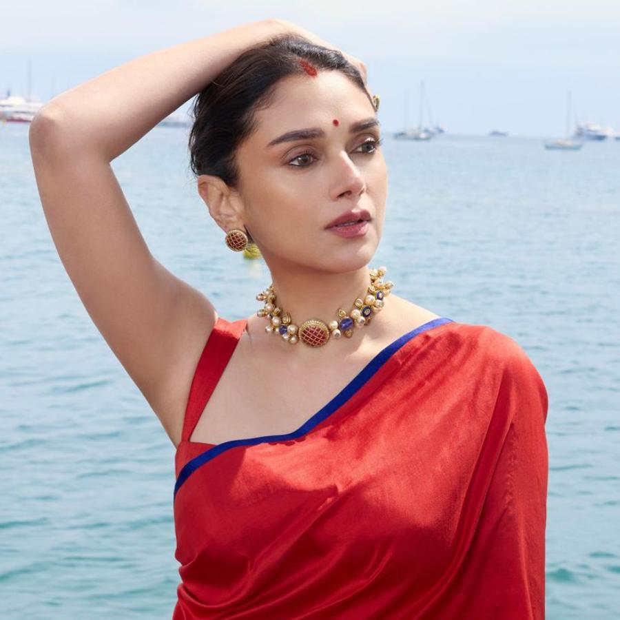 At Cannes 2025 bollywood Actress Aditi Rao Hydari appears in red saree and Sindoor dgtl