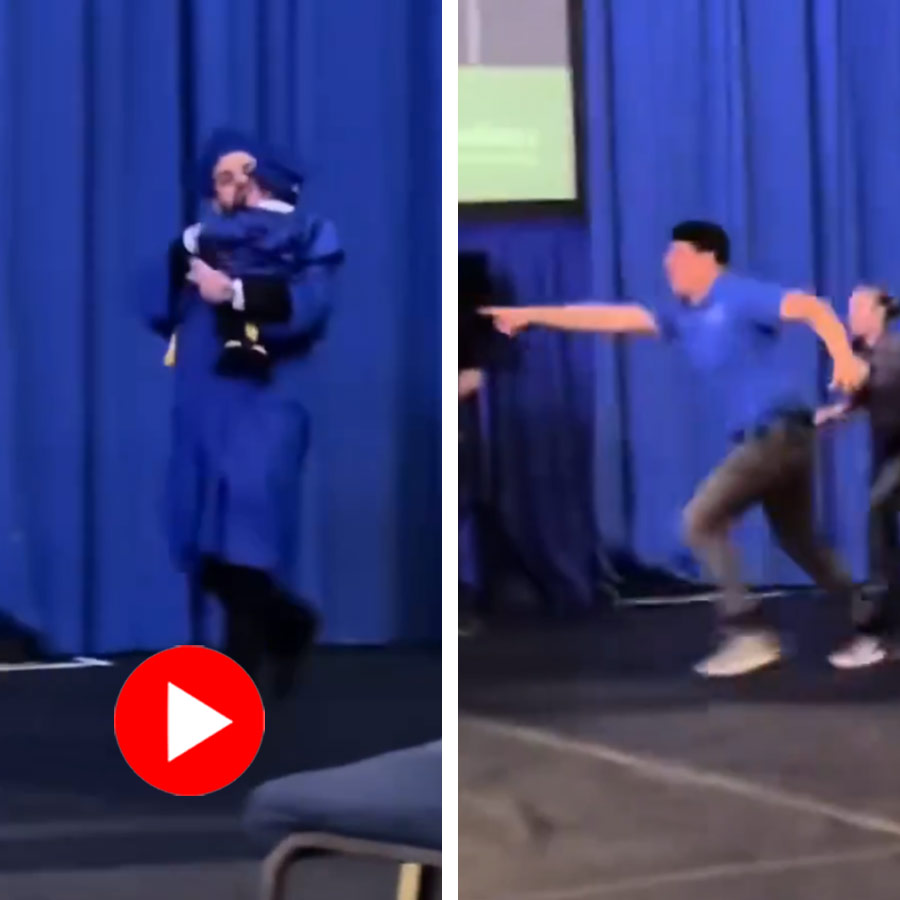 Video shows man runs to collect graduation degree holding son, police chased him