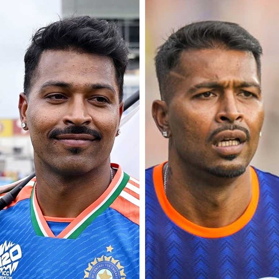 (বাঁ দিকে) হার্দিকের টি-টোয়েন্টি বিশ্বকাপের চেহারা। হার্দিকের এখনকার চেহারা (ডান দিকে)