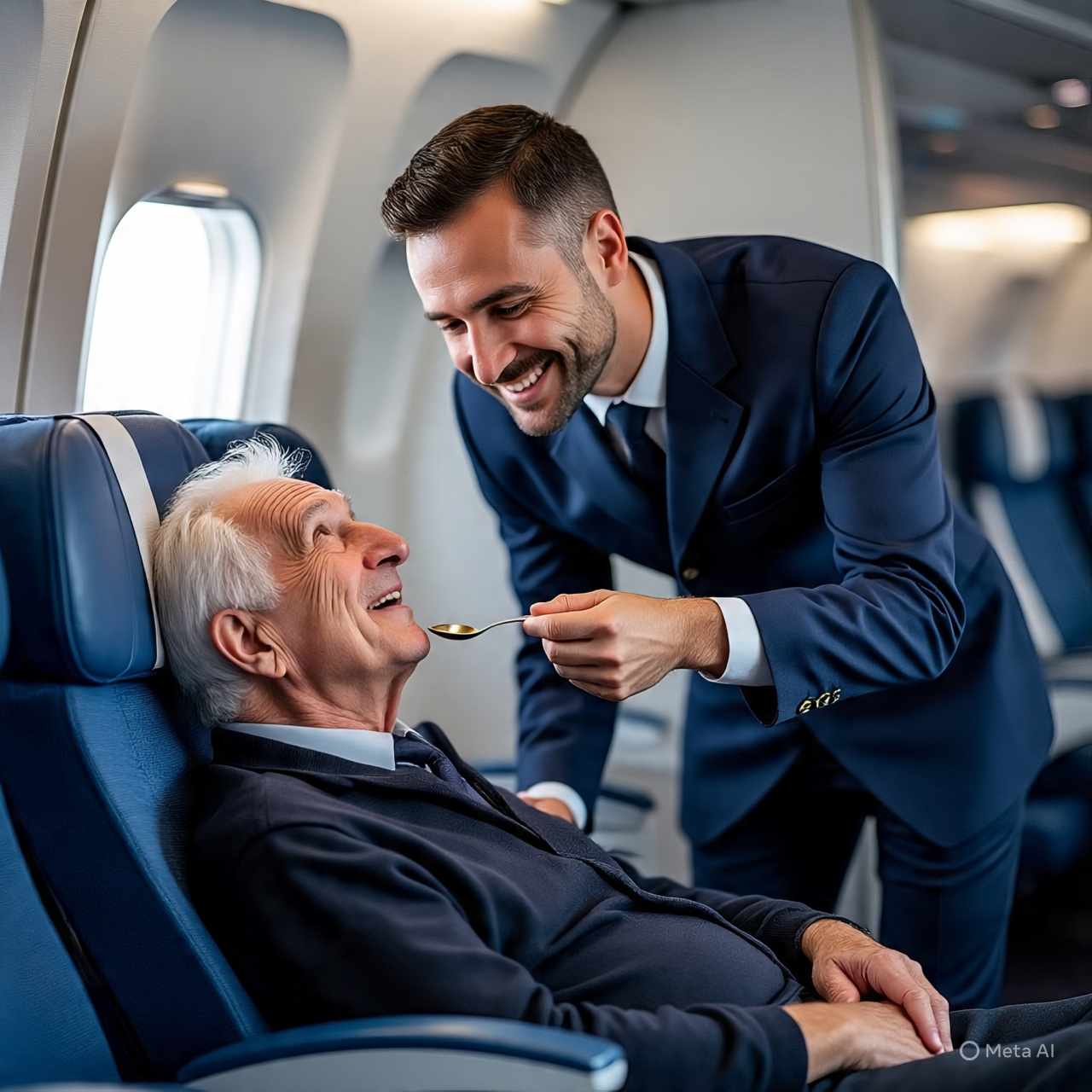 Airlines crewmember gently feeding an elderly passenger