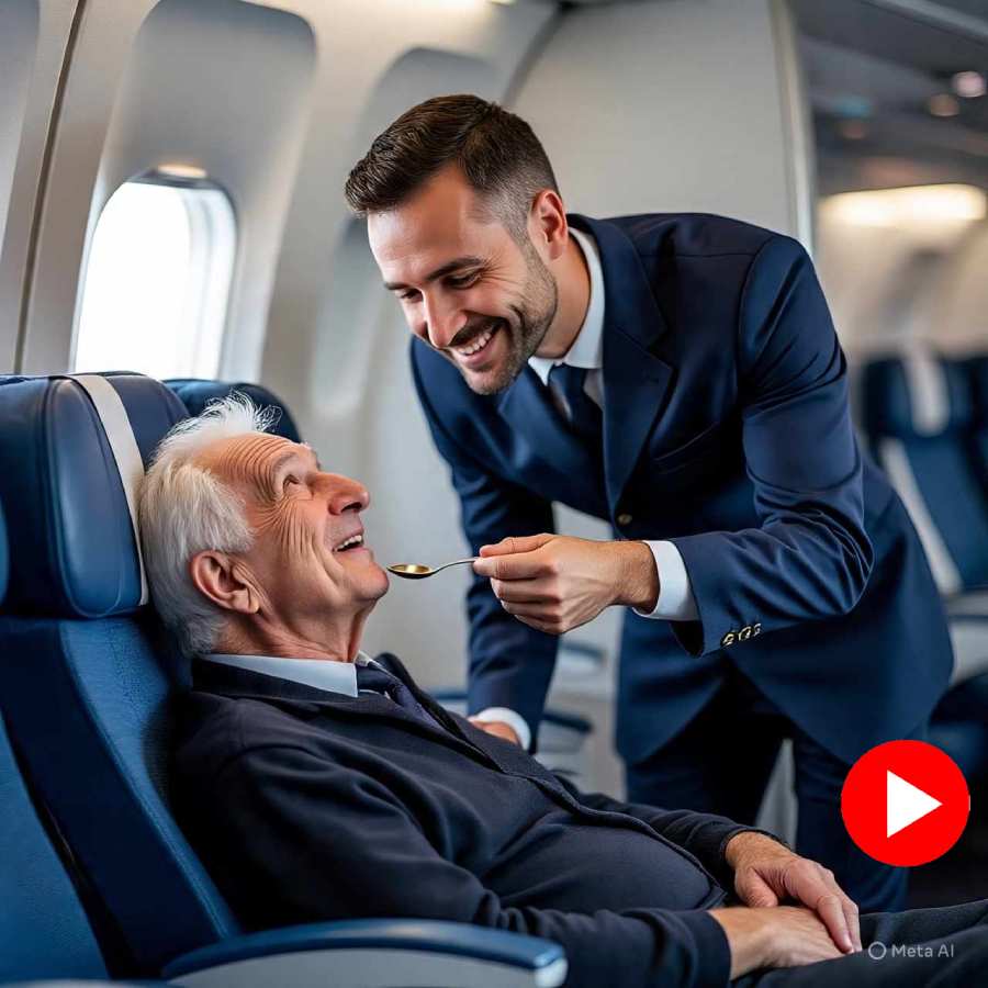 Airlines crewmember gently feeding an elderly passenger
