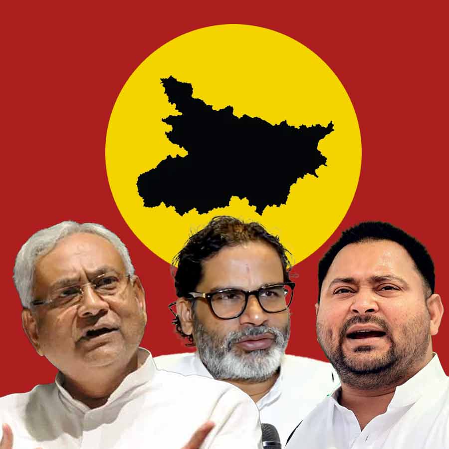 (বাঁ দিক থেকে) নীতীশ কুমার, প্রশান্ত কিশোর এবং তেজস্বী যাদব। গ্রাফিক: আনন্দবাজার ডট কম।