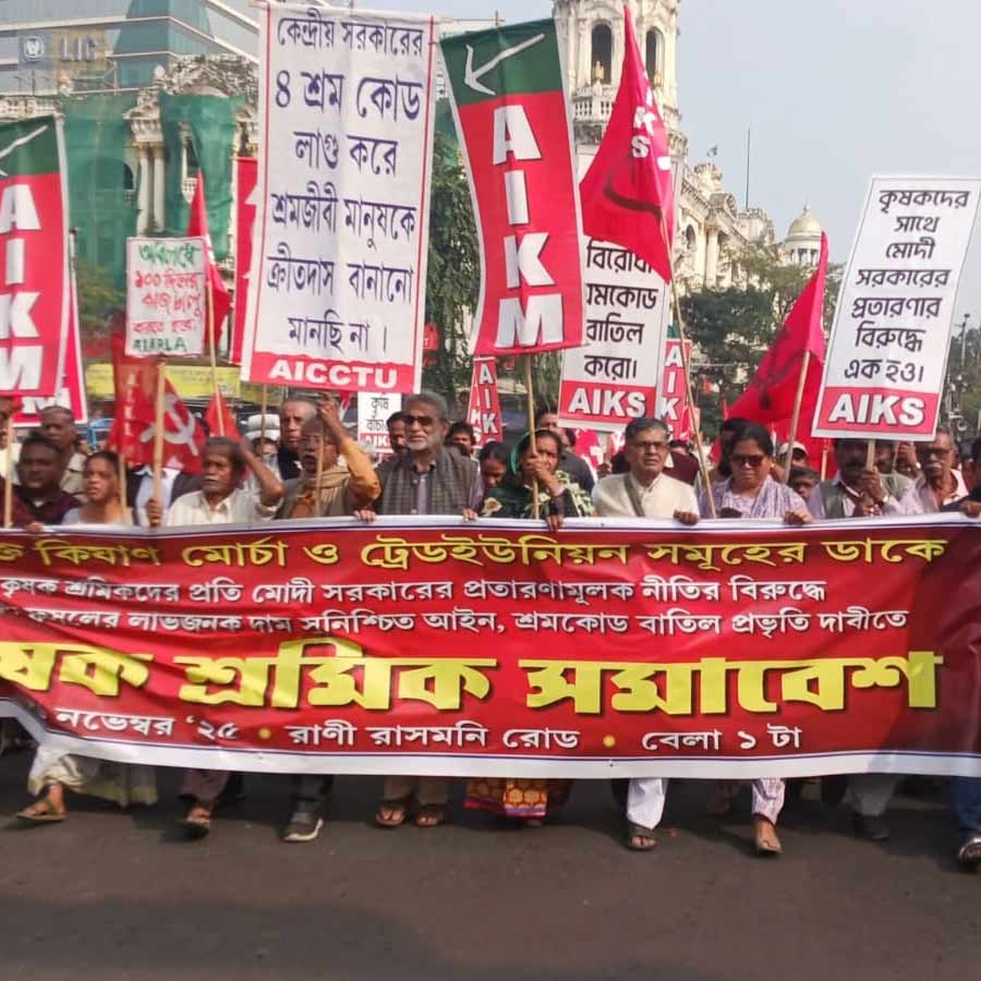 কেন্দ্রের শ্রম বিধির প্রতিবাদে সংযুক্ত কিসান মোর্চা ও শ্রমিক সংগঠনগুলির ডাকে মিছিল। ধর্মতলায়।