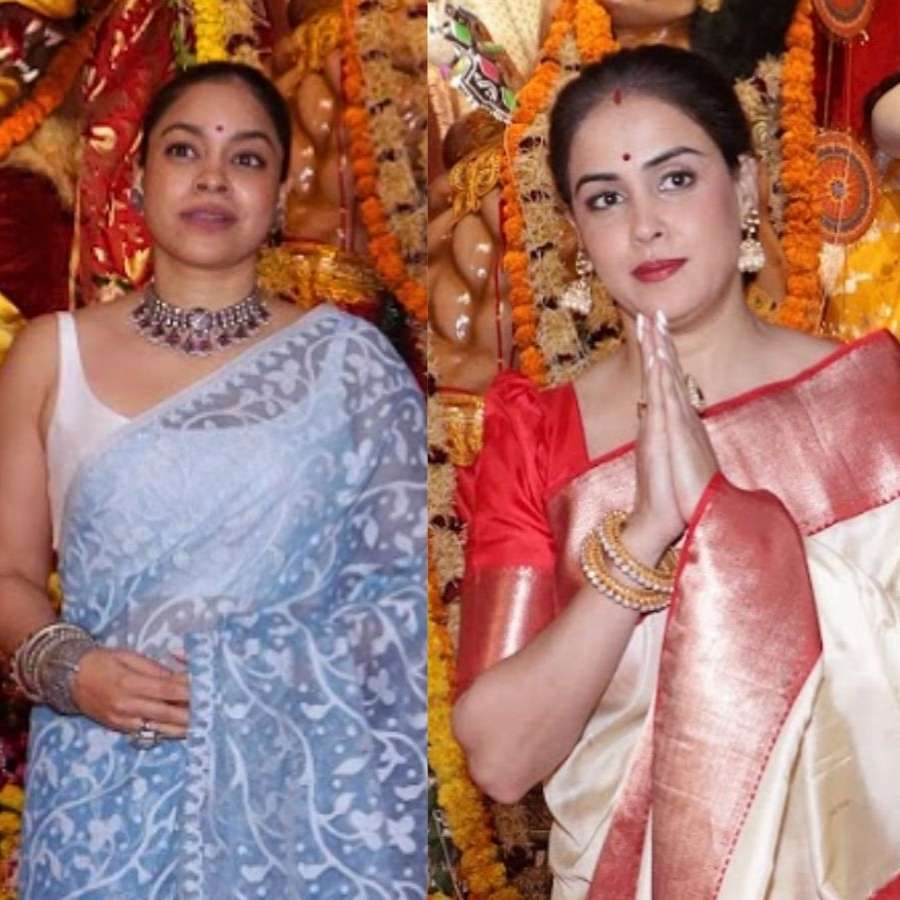 অভিনেত্রী সুমনা চক্রবর্তীর হালকা নীল শাড়ি-চোকার, আর দক্ষিণী ঐতিহ্যের ছোঁয়ায় জেনেলিয়া ডিসুজার সাদা-লাল কসাভু শাড়ি। মণ্ডপে জমে ওঠা তারকাদের মেলায় যেন নবমীর রাত আরও রঙিন। (‘আনন্দ উৎসব ২০২৫’-এর সাফল্যের নেপথ্যে রয়েছেন একাধিক সহযোগী। প্রেজ়েন্টিং পার্টনার ‘মারুতি সুজ়ুকি অ্যারেনা’। অন্যান্য সহযোগীরা হলেন ওয়েডিং পার্টনার ‘এবিপি ওয়ানস্টপ ওয়েডিং’, ফ্যাশন পার্টনার ‘কসমো বাজ়ার’, নলেজ পার্টনার ‘টেকনো ইন্ডিয়া ইউনিভার্সিটি’, ব্যাঙ্কিং পার্টনার ‘ইউনিয়ন ব্যাঙ্ক অফ ইন্ডিয়া’, কমফোর্ট পার্টনার ‘কার্লন’)।  (এই প্রতিবেদনটি ‘আনন্দ উৎসব’ ফিচারের একটি অংশ)।