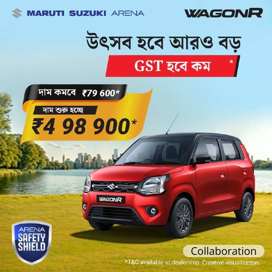  WagonR-এর দাম শুরু হচ্ছে ৪,৯৮,৯০০ টাকা থেকে।      এই প্রতিবেদনটি ‘আনন্দ উৎসব’ ফিচারের একটি অংশ।