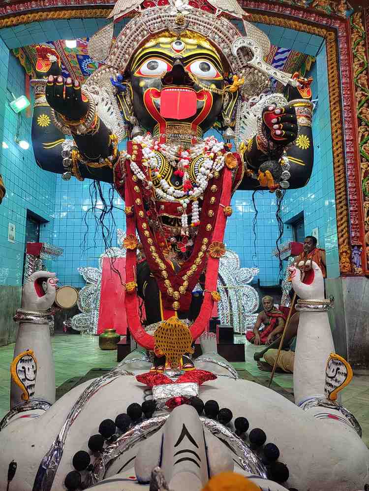 মূর্তির গঠন ও অলঙ্কার: দেবী হলেন চতুর্ভুজা বা চার হাতযুক্তা দক্ষিণা কালী। জগন্নাথের মতো মুখের গড়ন হলেও তাঁর লাল জিভ বাইরে বের করা। তাঁর হাতে অস্ত্র এবং গলায় মুণ্ডমালা রয়েছে। পদতলে মহাদেব শায়িত, যা দেবী কালীর চিরায়ত রূপ।