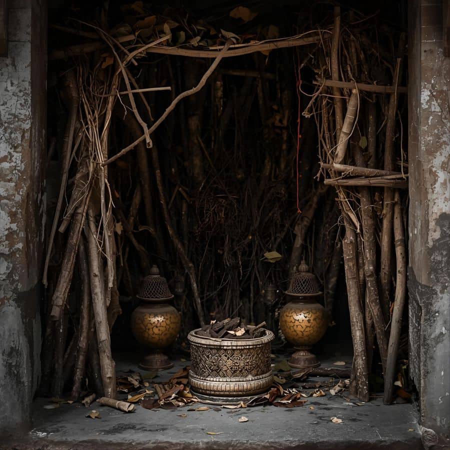 প্রথম দিকে সন্ন্যাসী কেবল ডাল-পালা দিয়ে একটি ছাউনি তৈরি করে ঘট প্রতিষ্ঠা করেছিলেন। মন্দির গড়া হয়নি তখন।