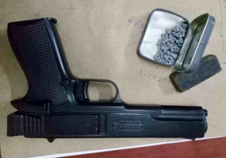 এই পিস্তল এবং কিছু গুলি উদ্ধার করা হয়েছে প্রৌঢ়ের ব্যাগ থেকে।