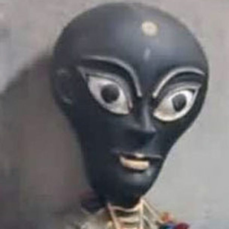 বিশাল দুটি সাদা চোখ, মানুষের মতো নাক-মুখ আর হাত-পা—সব মিলিয়ে বিগ্রহটা একে বারেই অচেনা। হিন্দু ধর্মের পরিচিত কোনও দেবতার সঙ্গেই এই মূর্তির মিল নেই। ভক্তদের মনে প্রশ্ন জাগতে পারে, এ আবার কোন দেব? এ মন্দিরই বা কার?