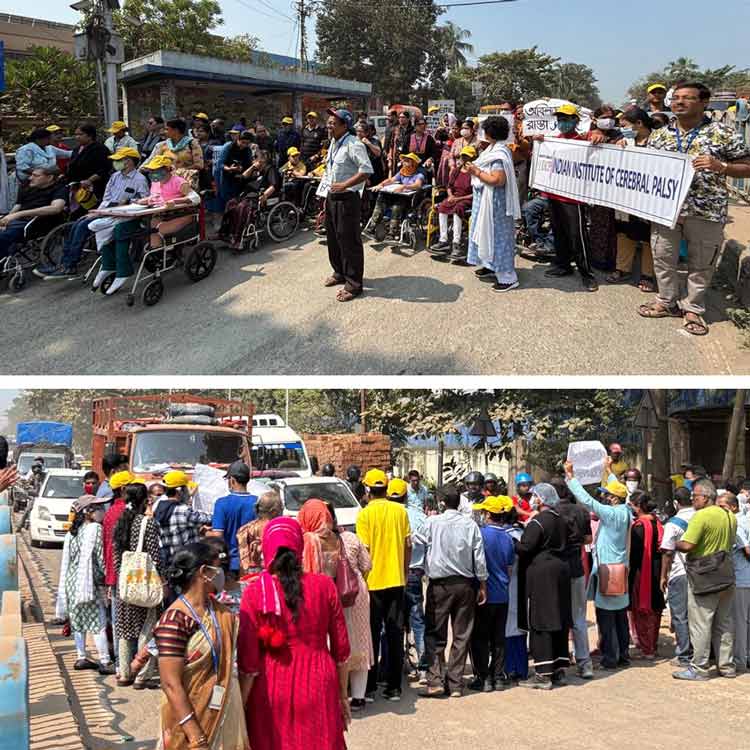 Indian Institute of Cerebral Palsy in protest demanding the repair of Taratala Road