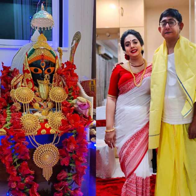 বাড়ির কালীপুজোয় শ্রীময়ী এবং কাঞ্চন। 