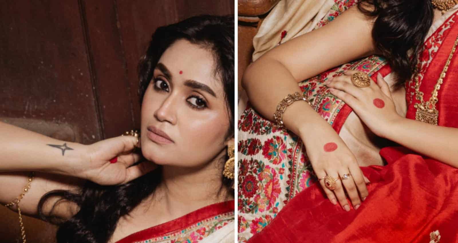 হাতের তালুতে লাল আলতার টান যেন অন্য মাত্রা এনে দিয়েছে এই সাজে। 