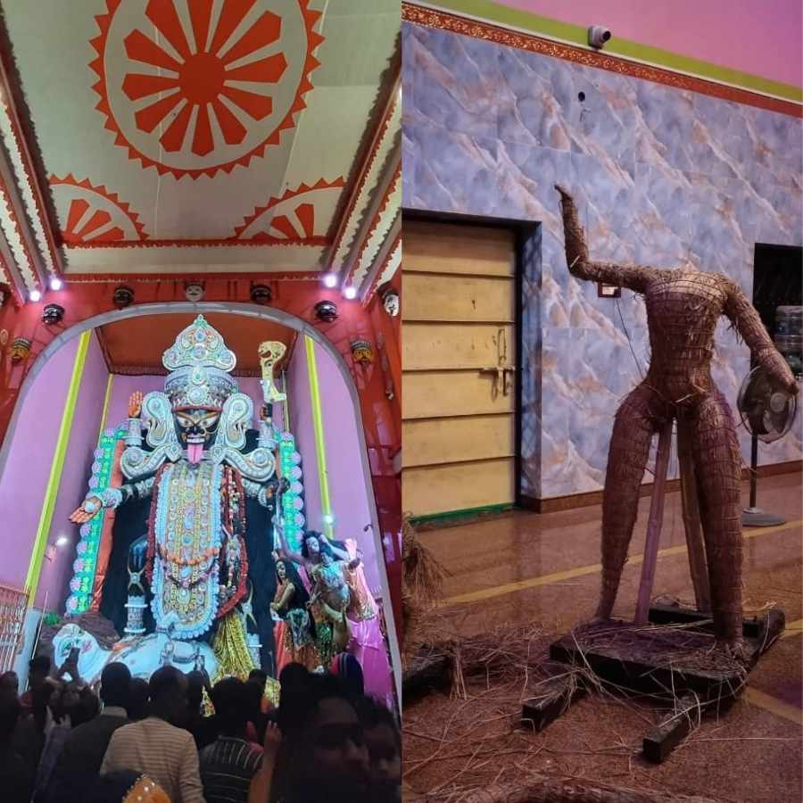 বলা হয়, কাঠামোর উপরে ভর করে বাঁশের উপর দিয়ে গড়িয়ে অভিনব কায়দায় বিসর্জন দেওয়া হয় প্রতিমাকে। 