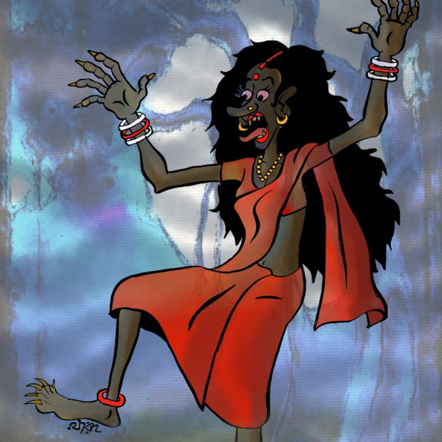 শাঁকচুন্নি: বিবাহিতা মহিলারা নাকি মৃত্যুর পরে শাঁকচুন্নি হয়ে যান। লাল শাড়ি, পায়ে আলতা, হাতে শাঁখা-পলা, সধবার বেশে থাকেন এঁরা। সধবা মহিলাদের ‘টার্গেট’ করেন এঁরা। এই শাঁকচুন্নি বেশ ঝগড়ুটে ভূত। 