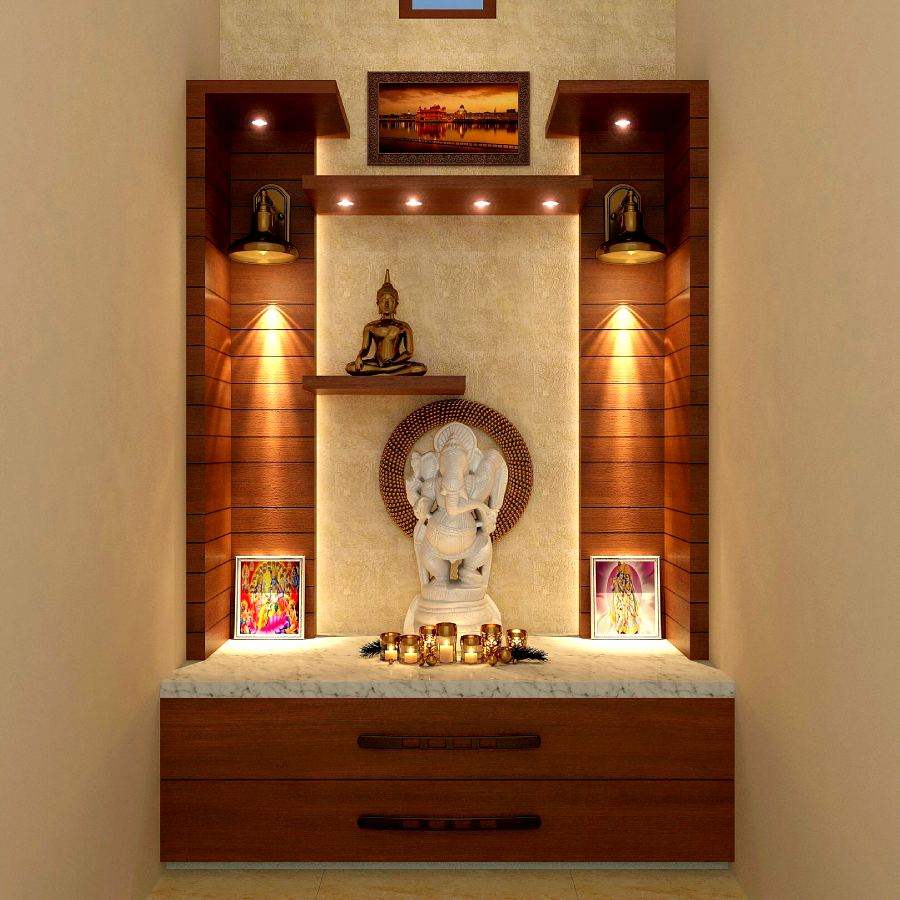 ঠাকুর রাখার স্থানটিও আলো, ফুলে সাজিয়ে তুলতে পারেন।