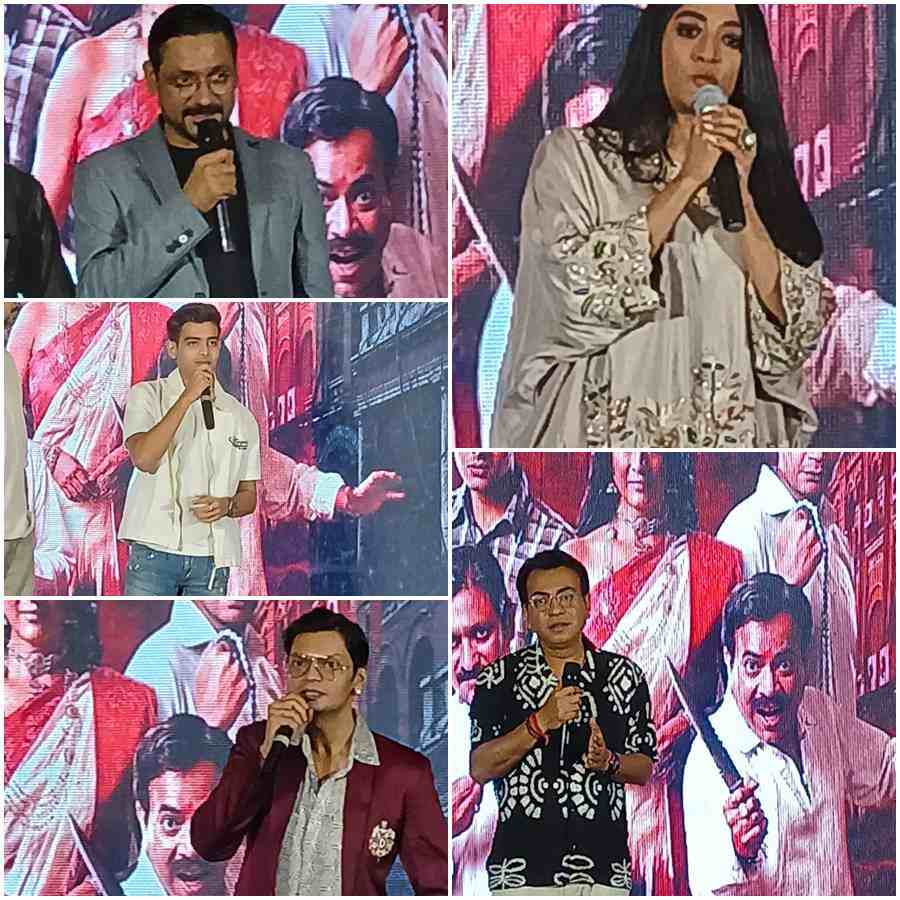 ‘গণশত্রু’ সিরিজ়ের ট্রেলারমুক্তি অনুষ্ঠানে উপর থেকে যথাক্রমে সুব্রত দত্ত, আয়ুষ দাস, দেবপ্রিয় মুখোপাধ্যায়, পাওলি দাম, রুদ্রনীল ঘোষ।