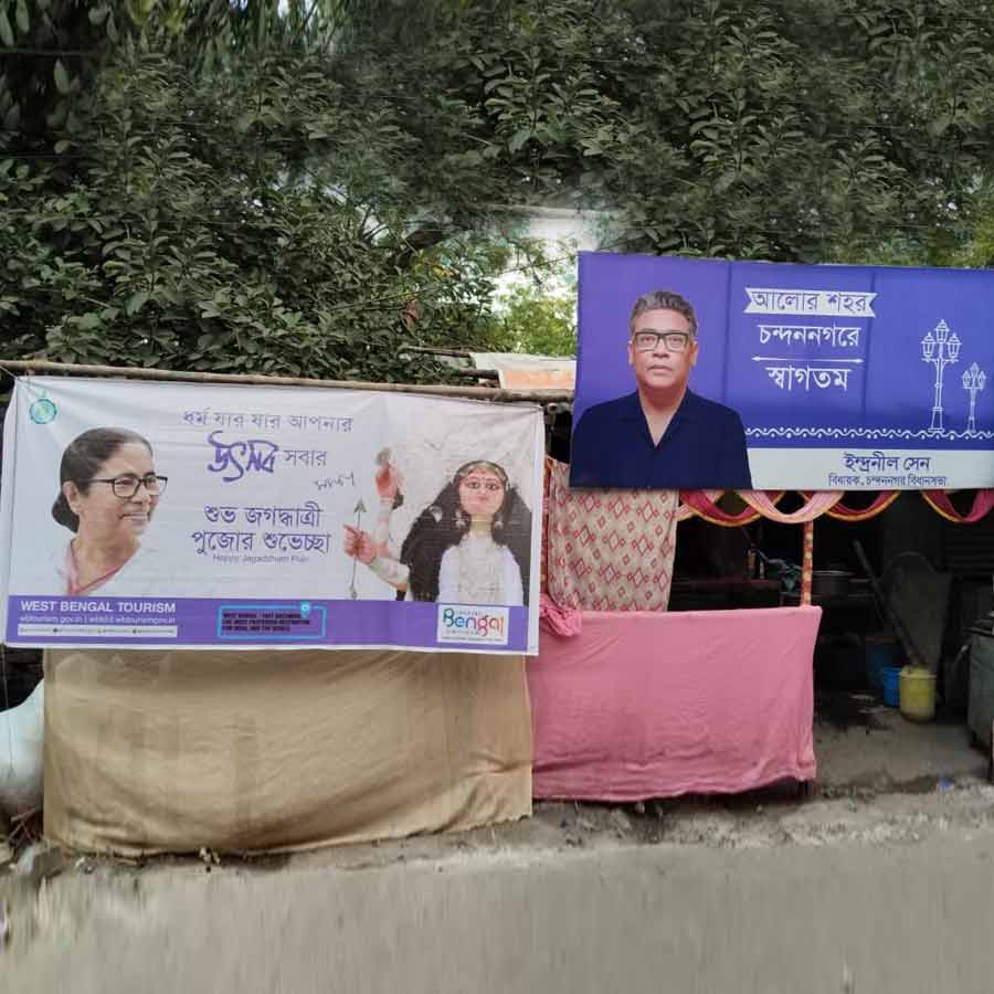 Department of Information and Culture campaign on Jagaddhatri Puja in Chandannagar through flex with CM Mamata Banerjees photo