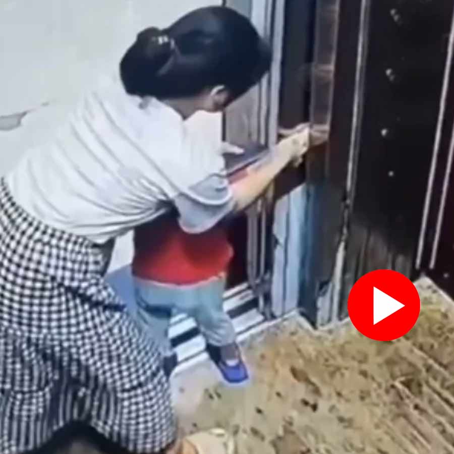 Video shows son’s hand stuck in lift door as mother was busy with mobile