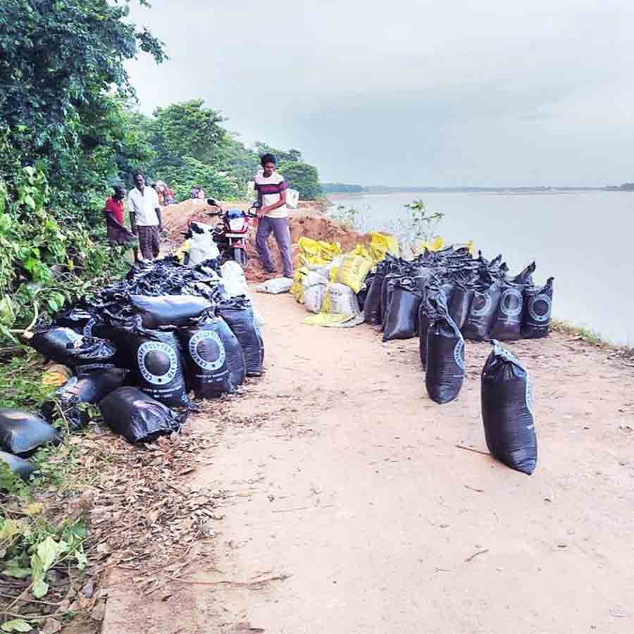 Temporary dam to protect the road from erosion of Subarnarekha river at Gopiballavpur