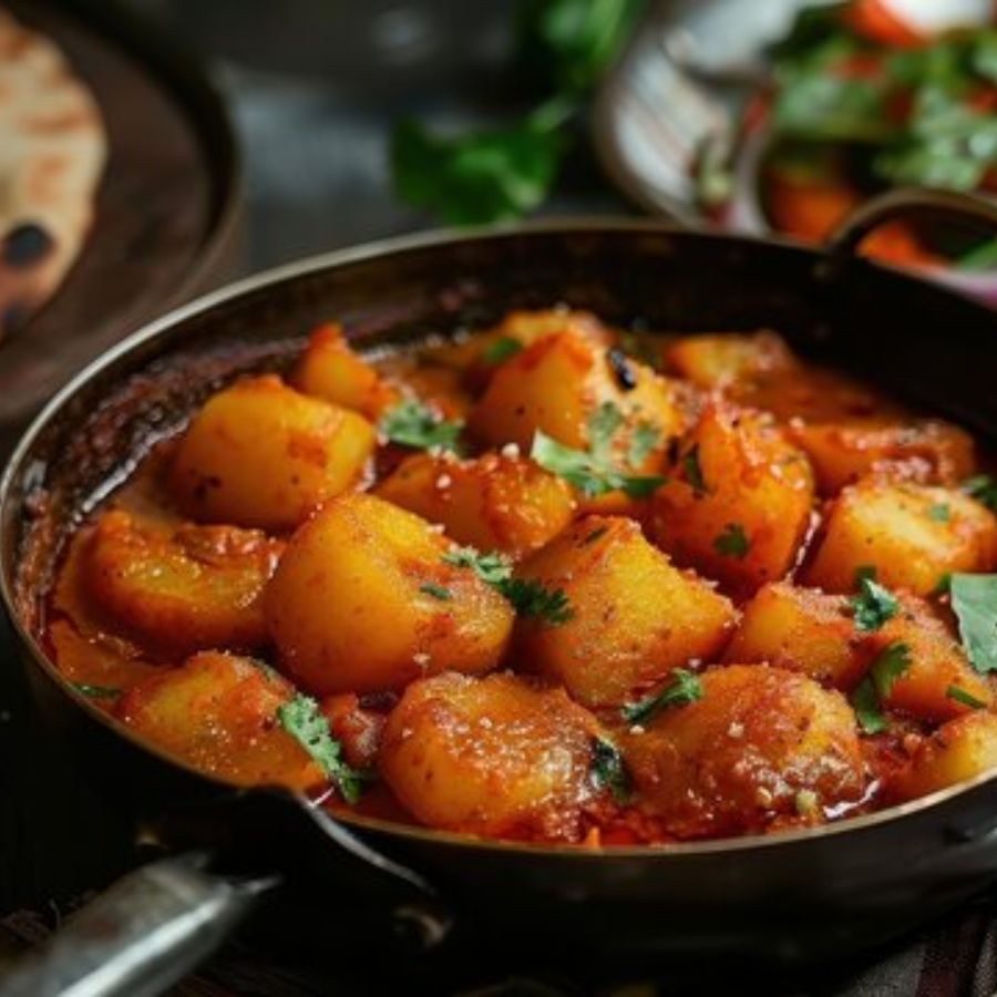 ৬।  ফোড়ন থেকে সুন্দর গন্ধ বার হলে কাশ্মীরি লঙ্কা গুঁড়ো এবং হলুদ গুঁড়ো মিশিয়ে কয়েক সেকেন্ড ভাজুন। তেল ও মশলার এই মিশ্রণই আলুর দমকে আকর্ষণীয় লাল রঙ দেবে।