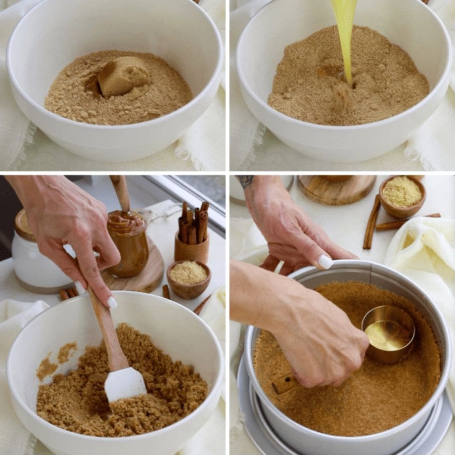 ৪. প্রথম ধাপে বিস্কুট মিহি করে গুঁড়ো করে নিতে হবে। মাখনের সঙ্গে মিশিয়ে চেপে বসাতে হবে কেক টিনের তলায়। এই স্তর হবে বেস।