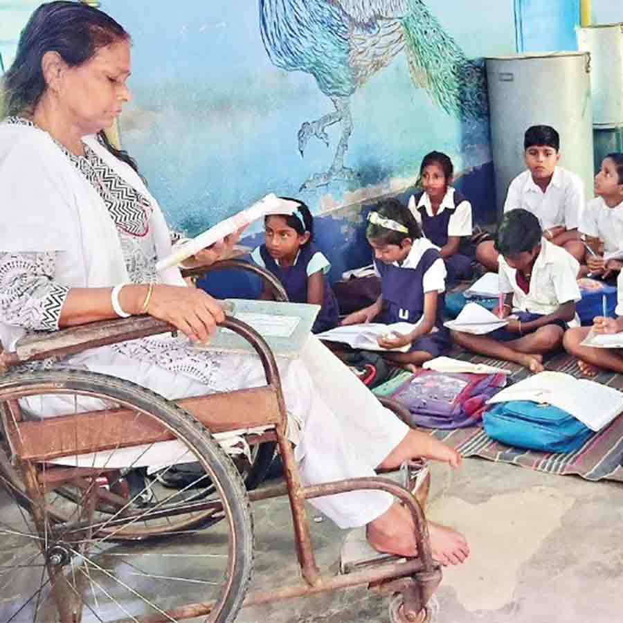 Anupama Dutta, a school teacher of Kirnahar goes to school everyday on wheel chair