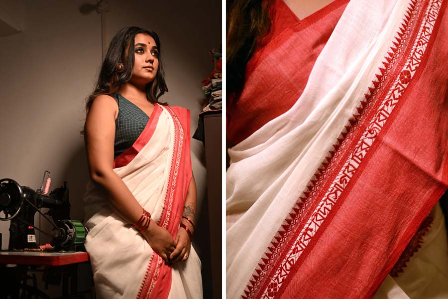 বিদ্যাসাগর পেড়ে শাড়ি। সাদা খোল। ঢালা লাল পাড়। মাঝে রেশমি সুতোয় বোনা একটি লাইন— ‘বেঁচে থাক বিদ্যাসাগর চিরজীবী হয়ে’। নতুন নকশা নয়। বাংলার নারীর শাড়ির পাড়ে এই শব্দ বোনা হয়েছিল বহু বছর আগে। বিধবাবিবাহ আইন চালু হওয়ার পরে ঈশ্বরচন্দ্র বিদ্যাসাগরকে সম্মান জানিয়ে ওই শাড়ি বুনেছিলেন শান্তিপুরের তাঁতিরা। একটা সময়ের পর সেই শাড়ি হারিয়েই গিয়েছিল। আবার ফিরছে। পরমার পুজোর সংগ্রহে লালপেড়ে সাদা শাড়ির সংগ্রহে থাকছে ‘বিদ্যাসাগরপেড়ে’ শাড়ি।