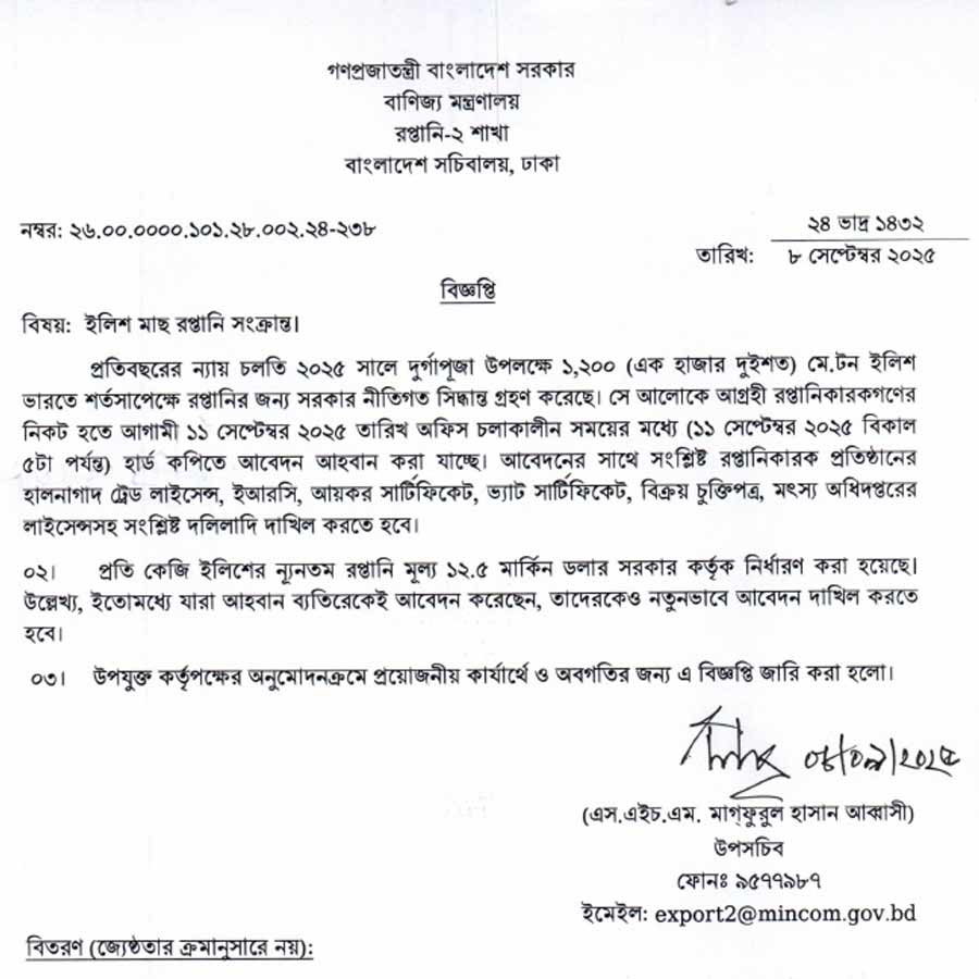 ভারতে শর্তসাপেক্ষে ১২০০ টন ইলিশ রফতানির অনুমতি দিল বাংলাদেশের অন্তর্বর্তী সরকার।