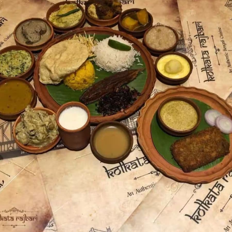 কলকাতা রাজবাড়ি– জমিদারি আমেজে সাজানো এখানকার রাজবাড়ির থালি। ভাত, ডাল, সর্ষে ইলিশ, মটন, চিকেন ফ্রাই, সবজি, ভাজা, চাটনি, মিষ্টি দই আর নানা রকম মিষ্টির বাহার।