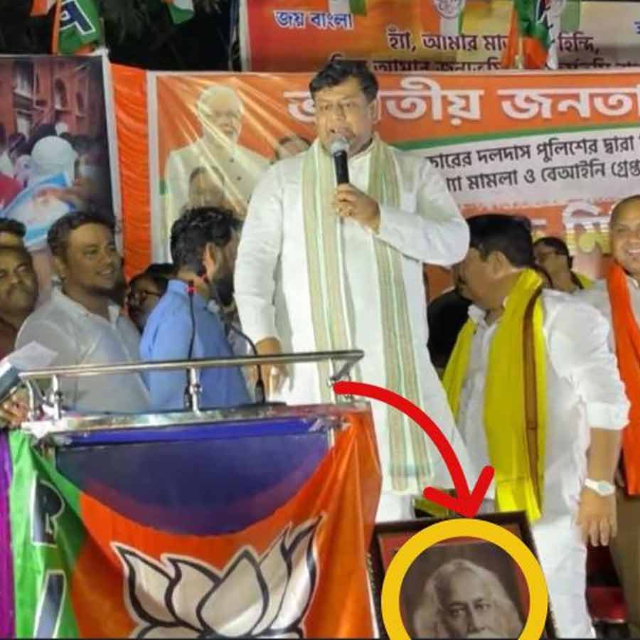 BJP leader and central minister Sukanta Majumder seen on a stage where Rabindranath Tagores potrait kept on the floor evokes controvercy