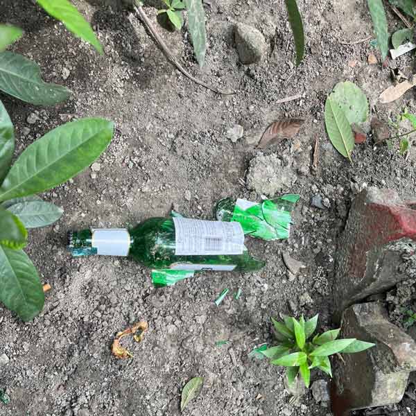 যাদবপুর বিশ্ববিদ্যালয়ের ক্যাম্পাসের ভিতরে ঘটনাস্থলের কাছে পড়ে ভাঙা মদের বোতল।