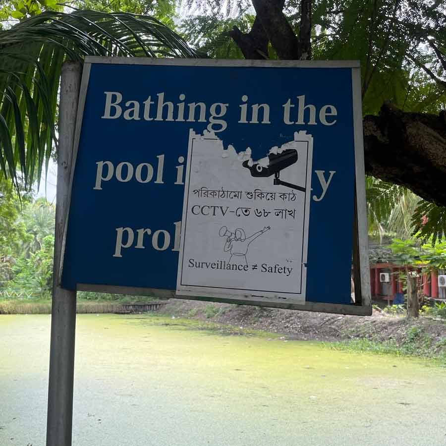 যাদবপুর বিশ্ববিদ্যালয়ের পুকুরপাড়ে পোস্টার।