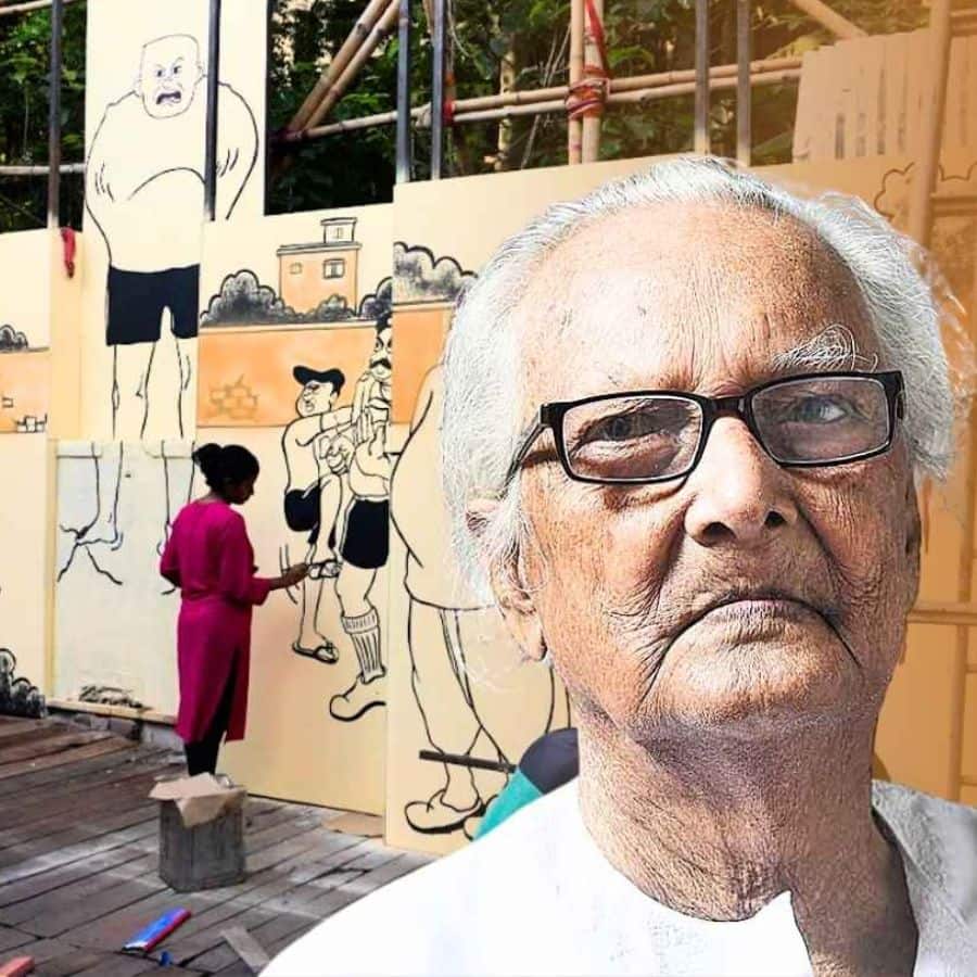 Kumartuli sarbojonin durga Puja 2025 Theme Honors to narayan debnath dgtl