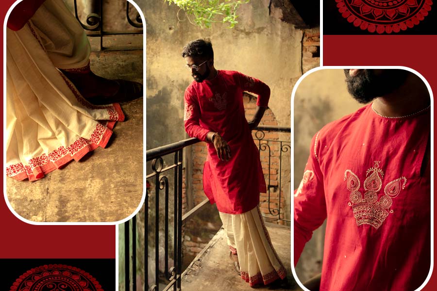 বাগবাজারের মুকুট কুর্তা আর রাজপথ ধুতি। কলকাতার সব সিমেট্রিকাল রাস্তার কথা মাথায় রেখেই নকশা হয়েছে ধুতির। ঘিয়ে রঙের উপর লাল সুতোর কাজ। বাগবাজারের মুকুটের নকশা ফুটে উঠেছে পাঞ্জাবির বুকে আর দুই হাতায়। তিনটি ভাগ রয়েছে মুকুটের। বুকের নকশায় যদি কল্পনা করা যায় দুর্গাকে। দুই হাতে রয়েছে লক্ষ্মী-সরস্বতীর অস্তিত্ব। 