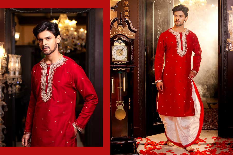 দশমীর সাজের জন্য বেছে নিতে পারেন লাল রং। সপ্তপদী, লাল সিল্কের পাঞ্জাবিতে জারদৌসির নকশা। হাতে বোনা এমব্রয়েডরি। গলায় বেনিয়ান কায়দার নকশা। সঙ্গে চিরাচরিত লাল পাড় সাদা ধুতি। জমকালো অথচ আরামদায়ক এমন সাজ পুজোর জন্য হতে পারে নজরকাড়া। 