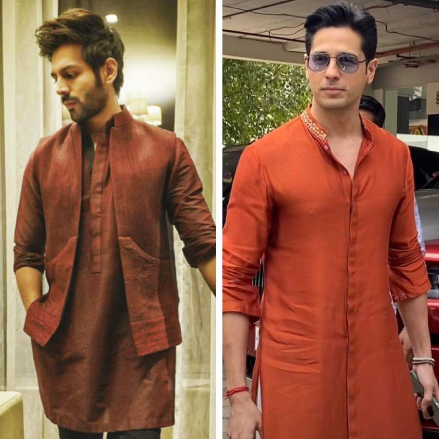 বলিউডের নায়কেরাও বাদামি জ্বরে আক্রান্ত। ছবিতে খয়েরির দু’রকম শেডের কুর্তায় কার্তিক আরিয়ান এবং সিদ্ধার্থ মালহোত্র। 