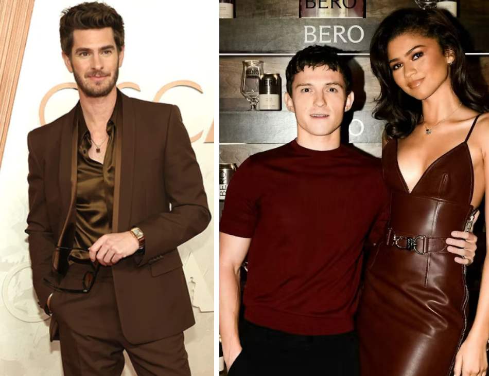 দুই ‘স্পাইডারম্যান’-এর বাদামি প্রেম। ছবিতে অ্যান্ড্রু গারফিল্ড (বাঁ দিকে) এবং টম হল্যান্ড (ডান দিকে)) বাদামি রঙের পোশাকে। সঙ্গে আমেরিকান পপ তারকা জ়েন্ডায়াও পরেছেন বাদামি রঙের লেদার ড্রেস। 