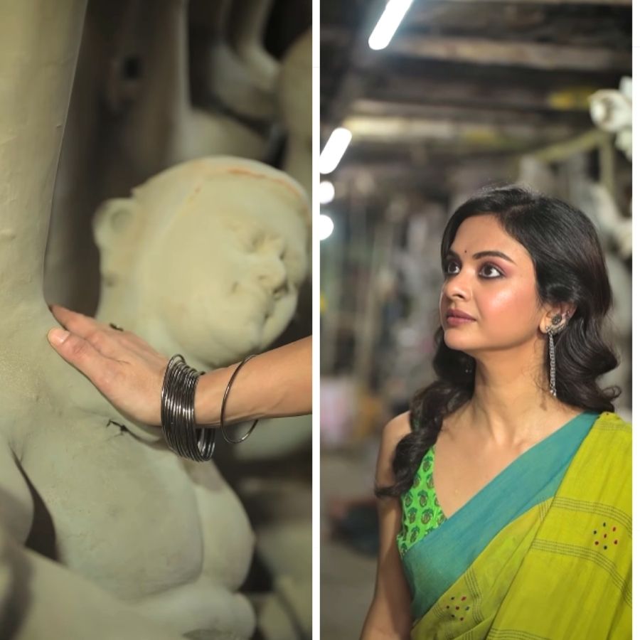 দেবীপক্ষের প্রাক্বালে দেবীর চরণ ছুঁয়ে প্রণাম শোলাঙ্কি রায়ের। 