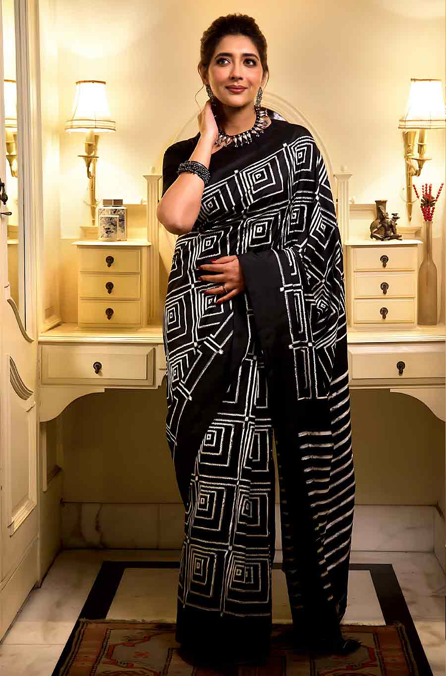 Sreenanda Shankar decked up for Durga Puja in clothes from CIMA gallery’s Art in Life exhibition